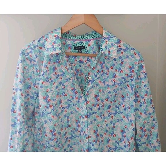 Talbots 100% Cotton Button Front Shirt Size Medium Teal Lovely Ditsy Floral Work - Picture 2 of 11